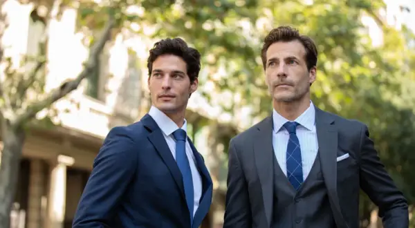 Due uomini eleganti in abiti sartoriali, un esempio di stile per le marche abbigliamento uomo famose.