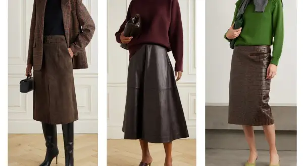 Tre modi eleganti per abbinare il marrone: gonna scamosciata con blazer a quadri, gonna in pelle con maglione bordeaux, gonna effetto coccodrillo con maglione verde.