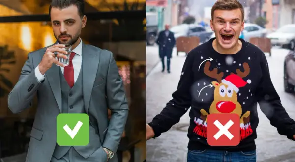 Elegante completo grigio per un Natale da uomo chic, a sinistra il sì, a destra il no con maglione natalizio.
