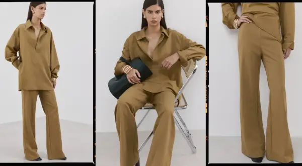 Modello indossa un completo color kaki, una tonalità calda e terrosa che ricorda la terra. La camicia oversize e i pantaloni a zampa creano un look elegante e rilassato.