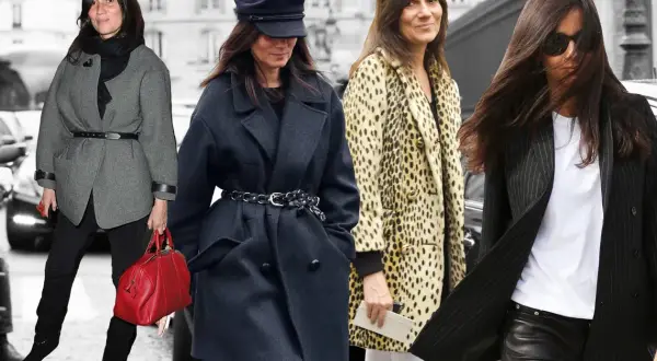 Quattro donne eleganti, tra cui Emmanuelle Alt, sfoggiano cappotti chic e borse di lusso per le strade di Parigi.