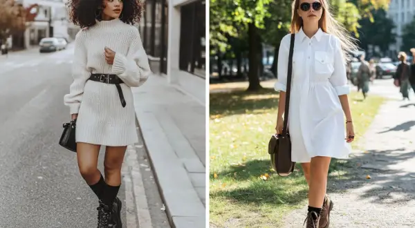 Due donne con abiti bianchi. Una con stivali neri, l'altra con stivali marroni. Come abbinare scarpe a un abito bianco e nero?