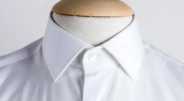 Dettaglio di una camicia bianca su manichino, che mostra i diversi tipi di collo camicia.