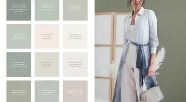 Palette di colori che dimostrano come beige e grigio stanno bene insieme, con campioni di vernice e una modella che indossa abiti nei toni neutri.