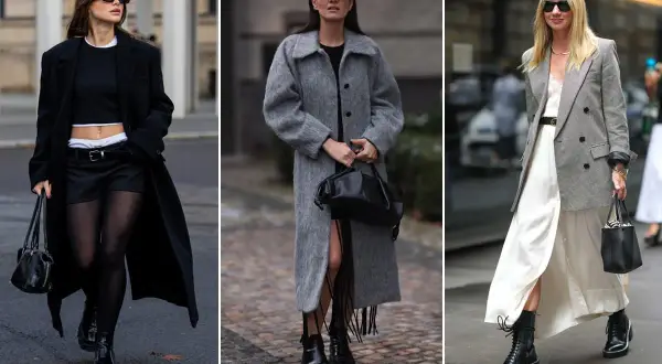 Tre donne sfoggiano un outfit con anfibi e pantaloni, con cappotti eleganti e borse chic.