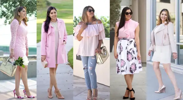 Five women in various pink outfits, showcasing different styles and accessories.