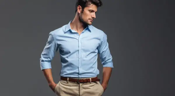 Uomo con camicia blu e pantaloni beige, un classico abbinamento per un look casual-chic.