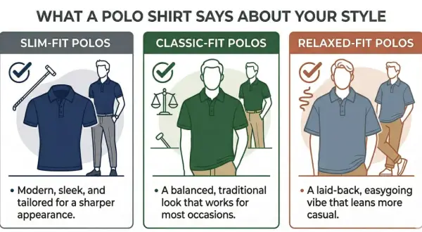 Guida allo stile: l'outfit polo uomo si declina in slim-fit (moderno), classic-fit (tradizionale) e relaxed-fit (casual).
