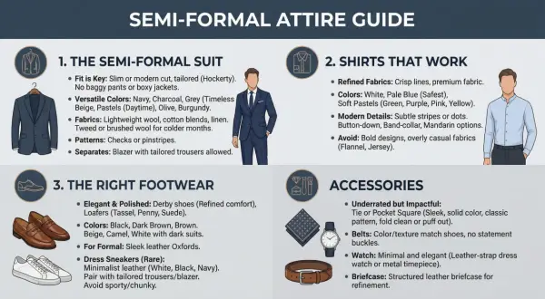 Guida all'abbigliamento semi-formale: abiti sartoriali, camicie raffinate, scarpe eleganti e accessori curati per un look impeccabile.