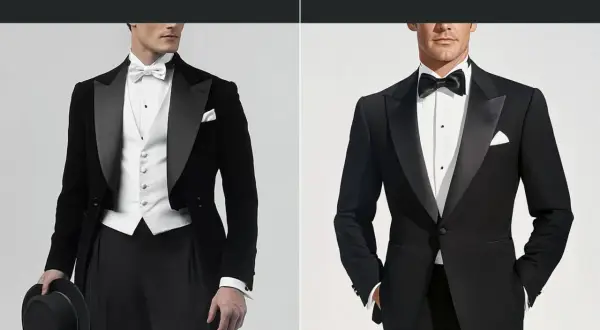 Uomo con frac e panciotto bianco, papillon bianco, cappello in mano. Eleganza per un evento "white tie".