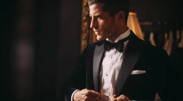 Uomo elegante con smoking e papillon, pronto per un evento speciale.