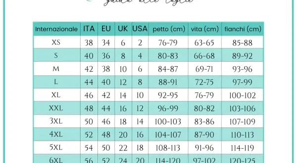 Guida taglie: la taglia 25 corrisponde a una taglia internazionale XS, con petto 76-79 cm, vita 63-65 cm e fianchi 85-88 cm.