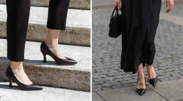 Eleganza in nero: un outfit decolleté tacco basso, perfetto per ogni occasione.