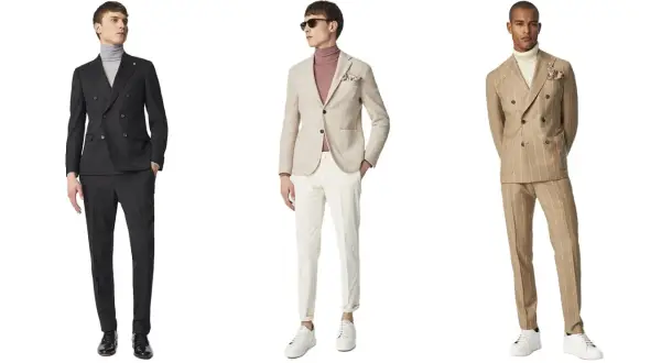 Uomo in abito con giacca beige, un look elegante e moderno.
