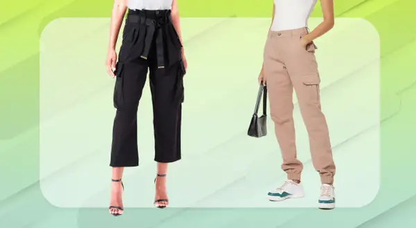 Due outfit con cargo donna: uno nero con sandali eleganti, l'altro beige con sneakers casual.
