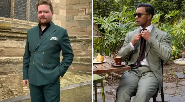 Uomo con abito verde smeraldo, perfetto per un matrimonio. L'abbinamento scarpe è essenziale per completare il look.