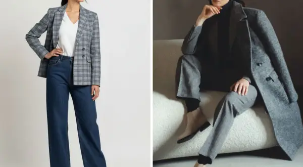Due outfit donna con blazer e jeans o completo grigio, completati da eleganti chelsea boots.