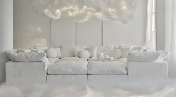 Un divano bianco soffice, circondato da nebbia, sotto una nuvola luminosa. Un'atmosfera eterea che anticipa il colore Pantone 2026.