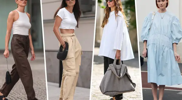 Quattro donne sfoggiano look casual chic con Birkenstock. Un outfit donna con pantaloni marroni, un altro con cargo beige, uno con camicia bianca oversize e un abito azzurro.