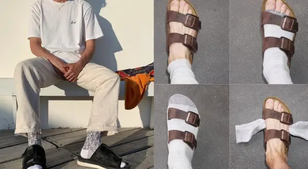 Un uomo indossa Birkenstock con calzini, mostrando diverse angolazioni e stili di calzini abbinati ai sandali.