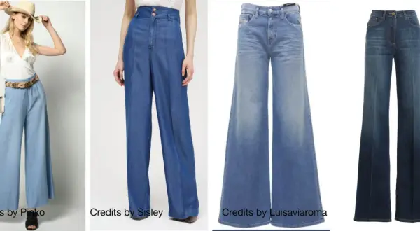 Modelli di pantaloni in denim con gamba larga, che illustrano il "wide fit significato" per un look comodo e alla moda.