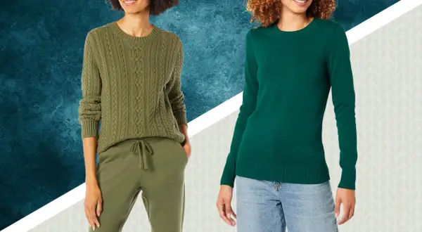 Due maglioni verdi, uno a trecce con pantaloni sportivi, l'altro liscio con jeans. Un perfetto abbinamento maglione verde per ogni occasione.