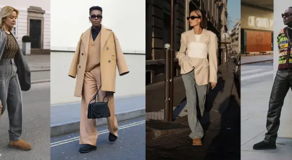 Quattro outfit urbani: uno con blazer grigio e pantaloni coordinati, un altro con cappotto cammello e pantaloni ampi, un terzo con blazer beige e corsetto, e l'ultimo con pantaloni in pelle e cardigan colorato. Due indossano un outfit con ugg neri.