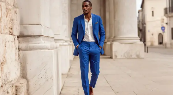 Uomo con abito blu elegante, camicia bianca e scarpe marroni. Un look perfetto per ogni occasione.