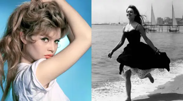 Brigitte Bardot giovane, icona di stile, in un primo piano sensuale e poi in una corsa gioiosa sulla spiaggia.