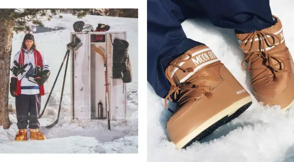 Giovane giocatore di hockey con un completo da hockey e stivali Moon Boot dorati, pronto per il ghiaccio.