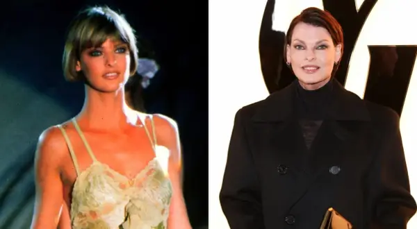 Linda Evangelista: un confronto tra il suo look iconico da modella negli anni '90 e un'apparizione più recente.