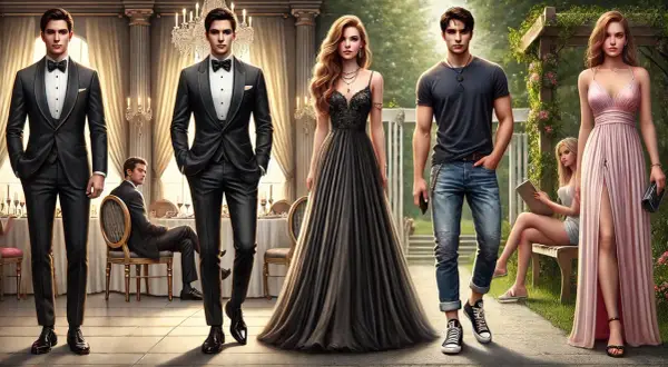 Uomini in smoking e donne con abiti eleganti, pronti per un evento **cocktail attire**.