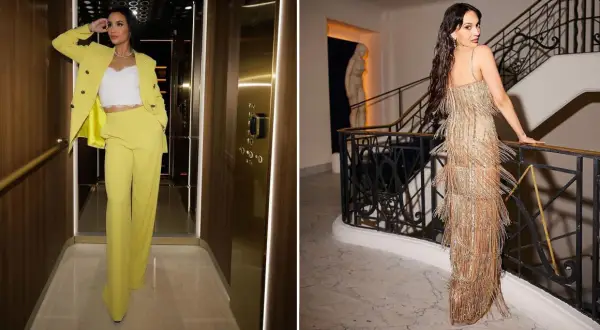 Donna in elegante tailleur giallo e abito da sera dorato con frange, mostrando diversi tipi di vestiti con nomi diversi.