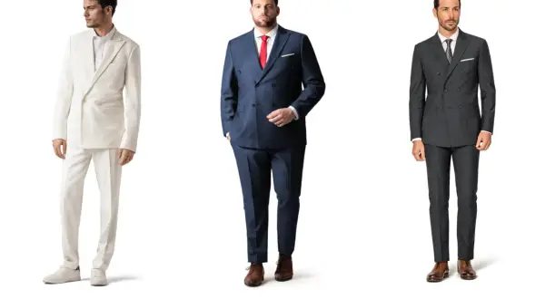 Uomini in abiti eleganti: uno bianco monopetto, uno blu doppiopetto 4 bottoni, uno grigio doppiopetto 6 bottoni.
