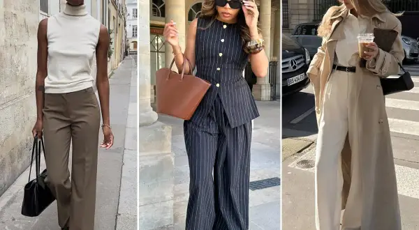 Tre donne sfoggiano un elegante outfit ufficio: pantaloni a palazzo, gilet sartoriale e trench.