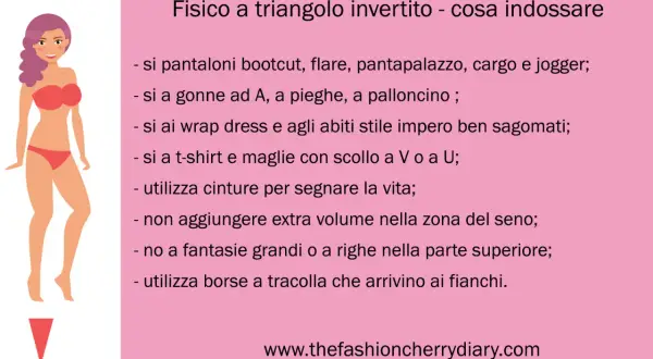 Consigli di stile per un fisico a triangolo invertito: pantaloni flare, gonne ad A, cinture per segnare la vita. Evita volumi sul seno.