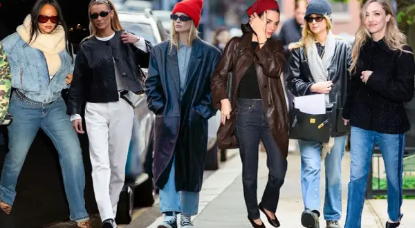 Sei donne sfoggiano outfit texani e jeans in varie tonalità, da quelle chiare a quelle scure, con giacche in pelle e cappotti.