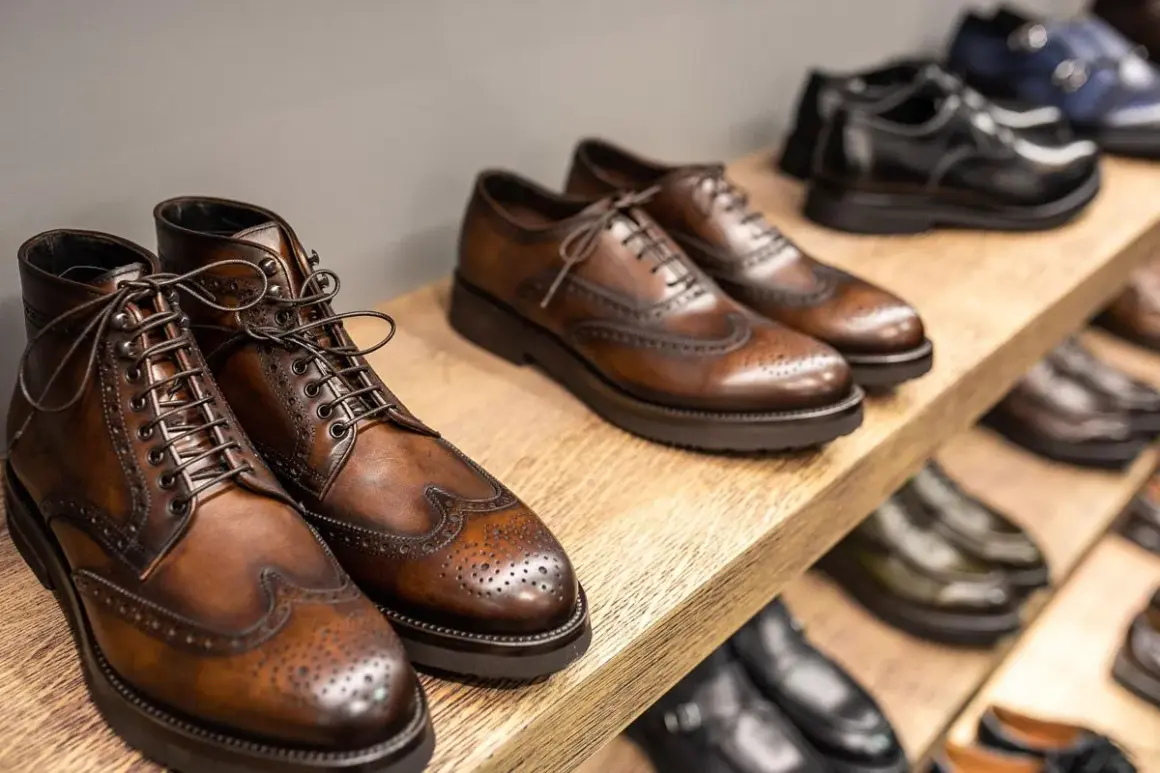 Vari tipi di scarpe eleganti in pelle marrone e nera, con dettagli traforati, disposte su scaffali di legno.