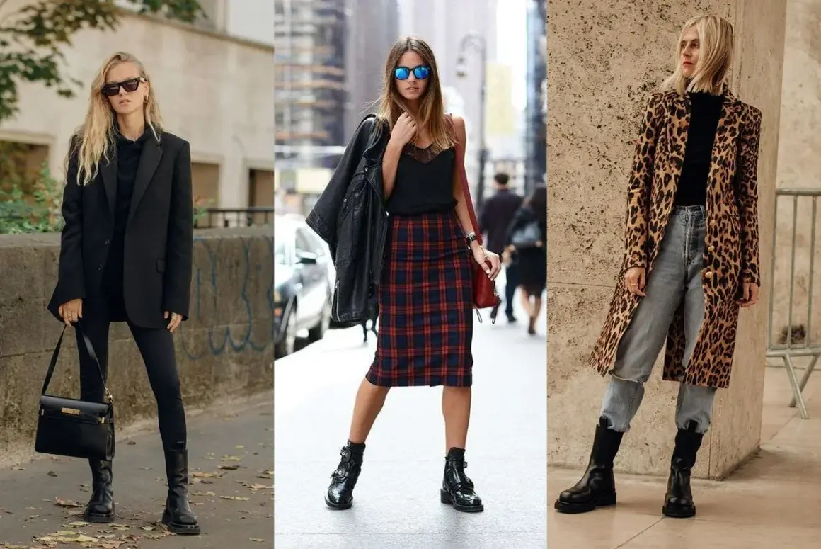 Tre donne sfoggiano un outfit con anfibi: uno total black elegante, uno con gonna a quadri e giacca di pelle, e uno con cappotto leopardato e jeans.