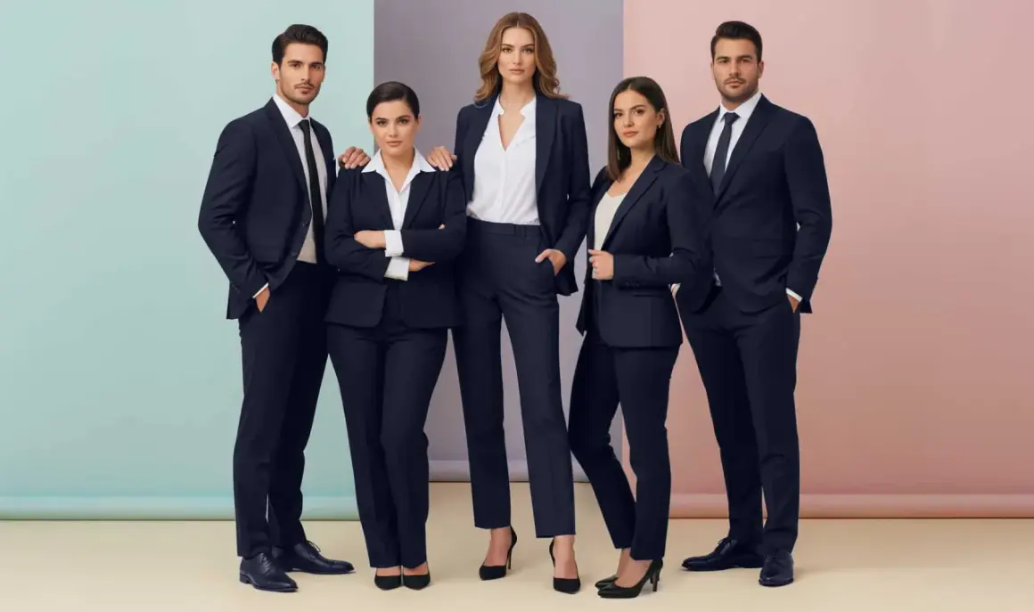 Cinque professionisti in abiti blu scuro dal taglio slim, pronti per il successo.