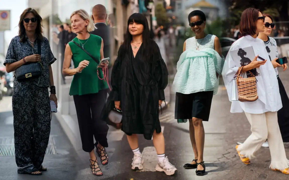 Cinque donne sfoggiano look eleganti, alcuni ideali come outfit per nascondere la pancia, con abiti ampi e pantaloni fluidi.