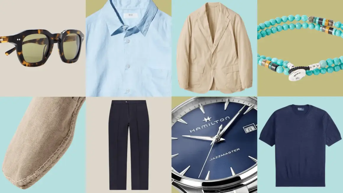 Outfit per matrimonio in spiaggia: uomo, con blazer beige, camicia azzurra, pantaloni blu, espadrillas e accessori.