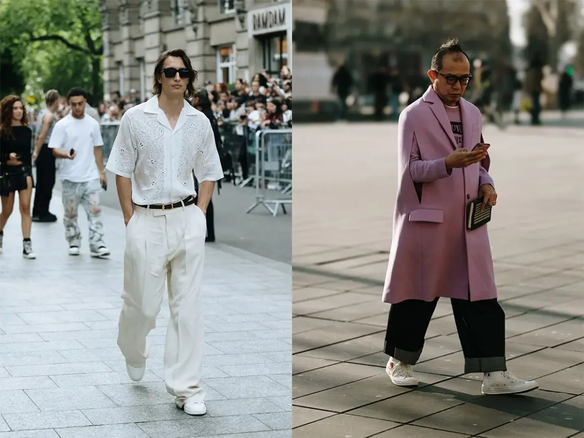 Uomo con camicia bianca e pantaloni larghi, un esempio di come indossare sneakers alte con stile.