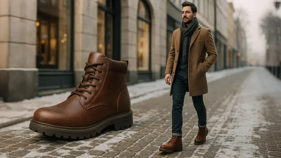 Un uomo elegante cammina su un vicolo innevato, accanto a un grande stivale Timberland. La timberland guida alle taglie ti aiuta a scegliere il modello perfetto.