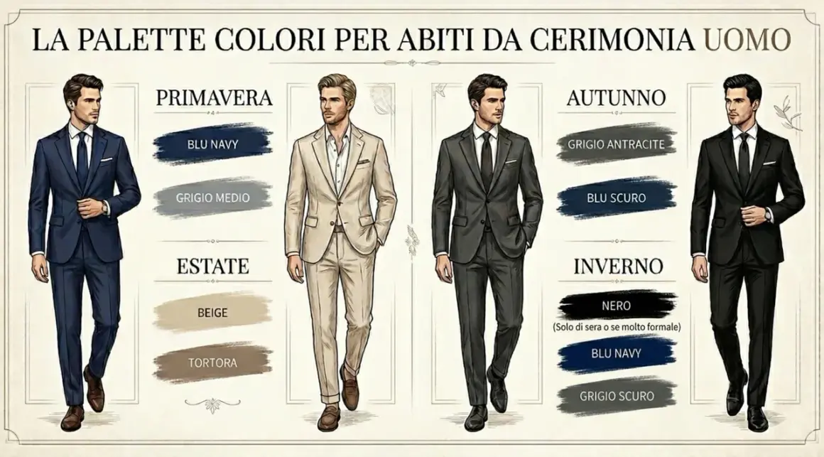 Uomo elegante in abiti da cerimonia: blu navy, grigio medio, beige, tortora per primavera/estate; grigio antracite, blu scuro, nero, blu navy, grigio scuro per autunno/inverno.