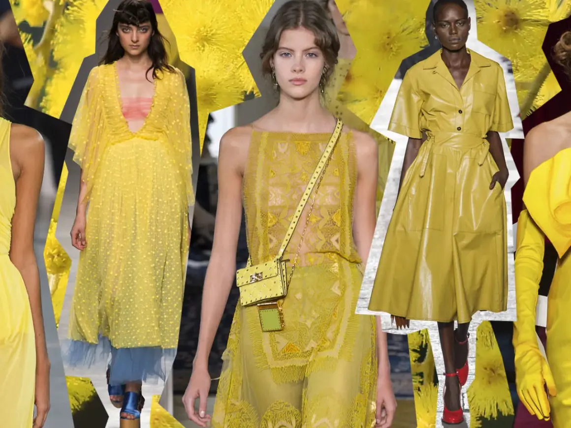 Modelli con abiti gialli. Scarpe da abbinare a vestito giallo: sandali blu, décolleté rosse.