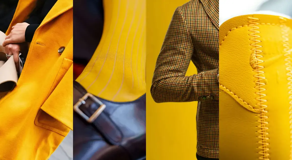 Dettagli di abbigliamento in color senape: cappotto, calzino a righe, giacca a quadri e accessorio in pelle. I color senape abbinamenti abbigliamento sono audaci e chic.