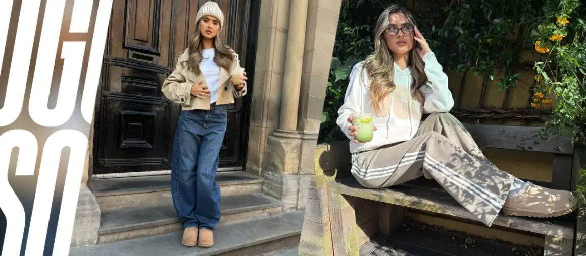 Due immagini affiancate: una donna con cappello e giacca beige, jeans larghi e pantofole **ugg si allargano**; l'altra seduta con felpa e pantaloni sportivi, indossa **ugg si allargano**.