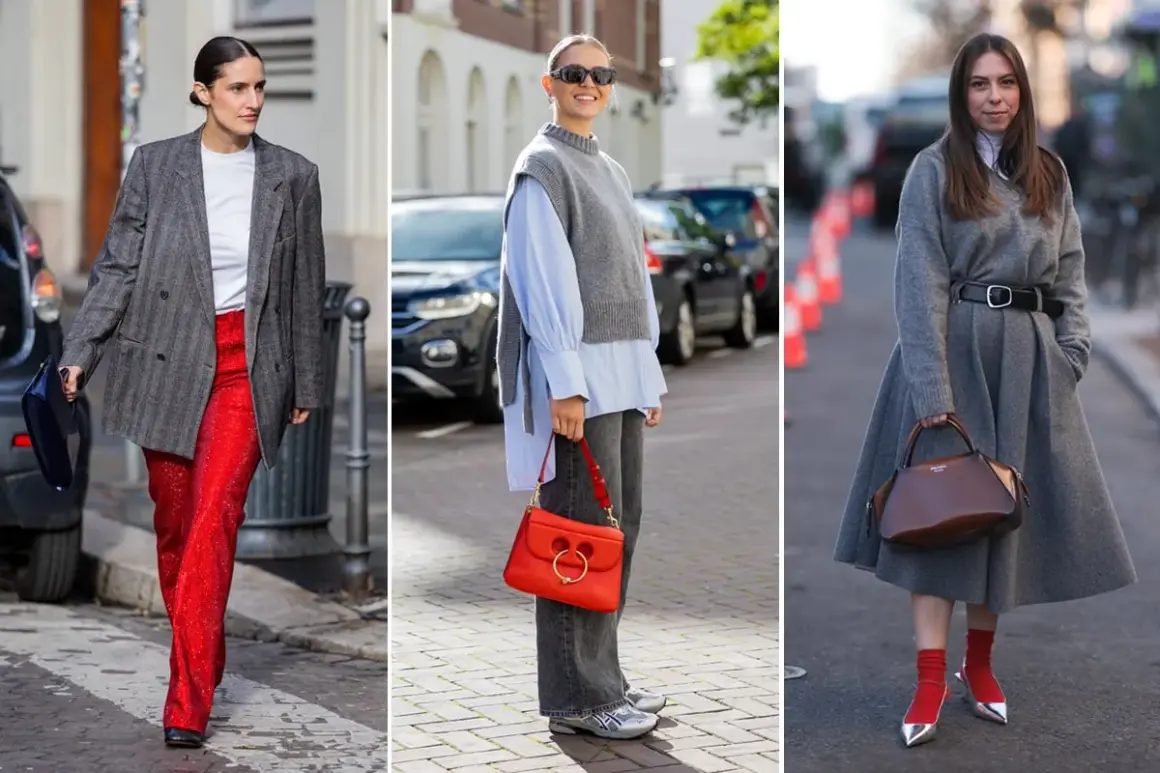 Tre donne mostrano come i colori da abbinare al grigio vestiti, con pantaloni rossi scintillanti, una borsa rossa vivace e calzini rossi con scarpe argentate.