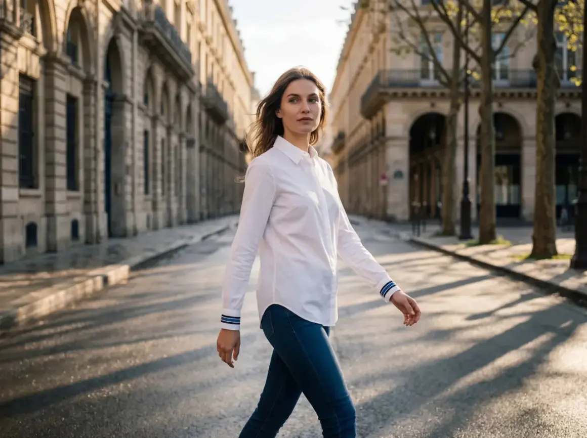 Donna con camicia bianca e jeans cammina per strada. Sotto la camicia bianca, un top a canotta o un body sono ideali.